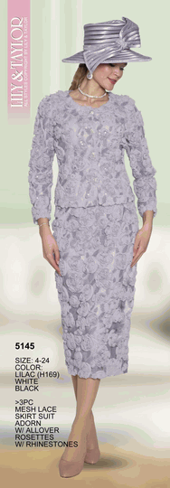 Lily & Taylor <br> (Volume 134) <br> LT5145 <br> <br> Lilac  <br>  White  <br>  Black <br> 4 6 8 10 12 14<br>   16 18 20 22 24<BR><BR>3 Pc Mesh Lace Skirt Suit Adorned w/Allover Rosettes w/Rhinestones