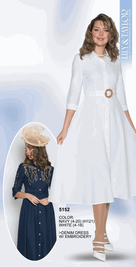 Lily & Taylor <br> (Volume 134) <br> LT5152 <br> <br> Navy  <br>  White <br> 4 6 8 10 12<br>  14 16 18 20<BR><BR>Denim Dress w/Embroidery