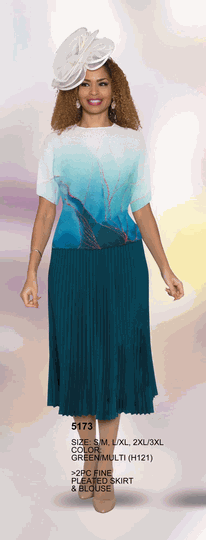 Lily & Taylor <br> (Volume 134) <br> LT5173 <br> <br> Green/Multi <br> S/M L/XL 2XL/3XL<BR><BR>2 Pc Fine Pleated Skirt & Blouse