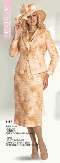 Lily & Taylor <br> (Volume 136) <br> LT5187 <br> <br> HUNTER <br>  BURNT-ORANGE <br> 4 6 8 10 12 14 16 18 20 22 24<BR><BR>3Pc Light Shimmer Chiffon Skirt Suit w/Rhinestone Buttons
