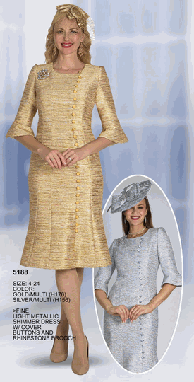 Lily & Taylor <br> (Volume 136) <br> LT5188 <br> <br> GOLD/MULTI <br>  SILVER/MULTI <br> 4 6 8 10 12 14 16 18 20 22 24<BR><BR>Fine Light Metallic Shimmer Dress w/Cover Buttons And Rhinestone Brooch