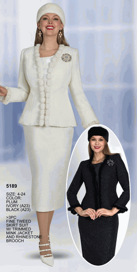 Lily & Taylor <br> (Volume 136) <br> LT5189 <br> <br> PLUM <br>  IVORY <br>  BLACK <br> 4 6 8 10 12 14 16 18 20 22 24<BR><BR>3Pc Fine Tweed Skirt Suit w/Trimmed Mink Jacket And Rhinestone Brooch