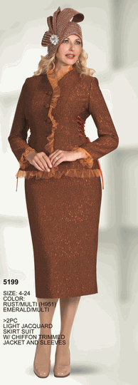 Lily & Taylor <br> (Volume 136) <br> LT5199 <br> <br> RUST/MULTI <br>  EMERALD/MULTI <br> 4 6 8 10 12 14 16 18 20 22 24<BR><BR>2Pc Light Jacquard Skirt Suit w/Chiffon Trimmed Jacket And Sleeves