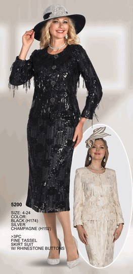Lily & Taylor <br> (Volume 136) <br> LT5200 <br> <br> BLACK <br>  SILVER <br>  CHAMPAGNE <br> 4 6 8 10 12 14 16 18 20 22 24<BR><BR>3Pc Fine Tassel Skirt Suit w/Rhinestone Buttons