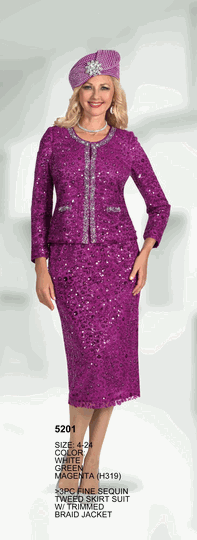 Lily & Taylor <br> (Volume 136) <br> LT5201 <br> <br> WHITE <br>  GREEN <br>  MAGENTA <br> 4 6 8 10 12 14 16 18 20 22 24<BR><BR>3Pc Fine Sequin Tweed Skirt Suit w/Trimmed Braid Jacket