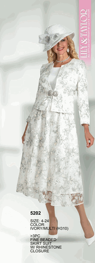 Lily & Taylor <br> (Volume 136) <br> LT5202 <br> <br> IVORY/MULTI <br> 4 6 8 10 12 14 16 18 20 22 24<BR><BR>3Pc Fine Beaded Skirt Suit w/Rhinestone Closure