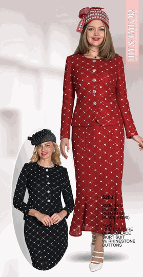Lily & Taylor <br> (Volume 136) <br> LT5203 <br> <br> RED <br>  BLACK <br> 4 6 8 10 12 14 16 18 20 22 24<BR><BR>2Pc Fine Couture Beaded Lace Skirt Suit w/Rhinestone Buttons