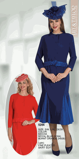 Lily & Taylor <br> (Volume 136) <br> LT5206 <br> <br> MOCHA <br>  ROYAL-BLUE <br>  BURNT-ORANGE <br> S/M   L/XL   2X/3X<BR><BR>2Pc Fine Pleated Skirt Suit