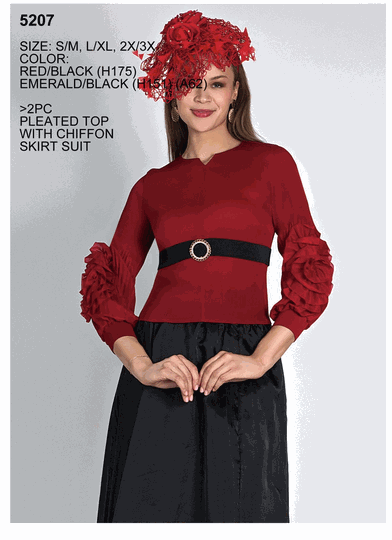 Lily & Taylor <br> (Volume 136) <br> LT5207 <br> <br> RED/BLACK <br>  EMERALD/BLACK <br> S/M   L/XL   2X/3X<BR><BR>2Pc Pleated Top With Chiffon Skirt Suit
