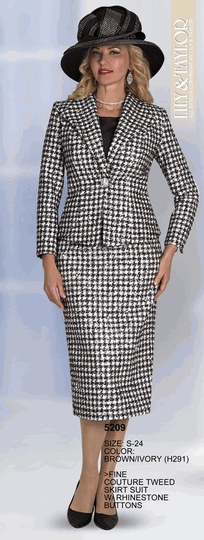 Lily & Taylor <br> (Volume 136) <br> LT5209 <br> <br> BROWN/IVORY <br> 4 6 8 10 12 14 16 18 20 22 24<BR><BR>Fine Couture Tweed Skirt Suit w/Rhinestone Buttons