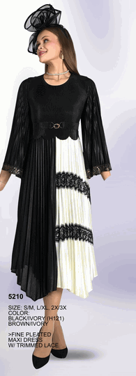 Lily & Taylor <br> (Volume 136) <br> LT5210 <br> <br> BLACK/IVORY <br>  BROWN/IVORY <br> S/M   L/XL   2X/3X<BR><BR>Fine Pleated Maxi Dress w/Trimmed Lace