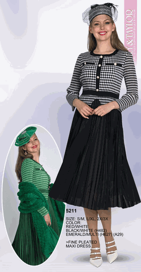 Lily & Taylor <br> (Volume 136) <br> LT5211 <br> <br> RED/WHITE <br>  BLACK/WHITE <br>  EMERALD/MULTI <br> S/M   L/XL   2X/3X<BR><BR>Fine Pleated Maxi Dress