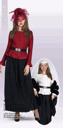 Lily & Taylor <br> (Volume 136) <br> LT5215 <br> <br> IVORY/BLACK <br>  BURGUNDY/BLACK <br> S/M   L/XL   2X/3X<BR><BR>2Pc Pleated Blouse/Pant Suit w/Removeable Belt
