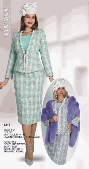 Lily & Taylor <br> (Volume 136) <br> LT5216 <br> <br> MINT/MULTI <br>  LAVENDER/MULTI <br> 4 6 8 10 12 14 16 18 20 22 24<BR><BR>3Pc Fine Couture Tweed Skirt Suit w/Clustered Trimmed Pearl