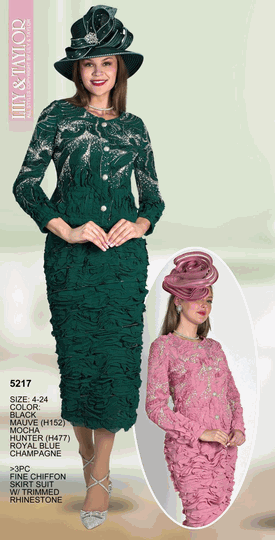 Lily & Taylor <br> (Volume 136) <br> LT5217 <br> <br> BLACK <br>  MAUVE <br>  MOCHA <br>  HUNTER <br>  ROYAL-BLUE <br>  CHAMPAGNE <br> 4 6 8 10 12 14 16 18 20 22 24<BR><BR>3Pc Fine Chiffon Skirt Suit w/Trimmed Rhinestone