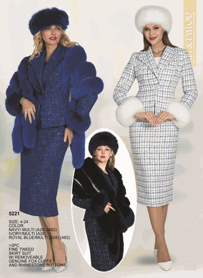 Lily & Taylor <br> (Volume 136) <br> LT5221 <br> <br> NAVY/MULTI <br>  IVORY/MULTI <br>  ROYAL-BLUE/MULTI <br> 4 6 8 10 12 14 16 18 20 22 24<BR><BR>3Pc Fine Tweed Skirt Suit w/Removeable Genuine Fox Cuffs And Rhinestone Buttons