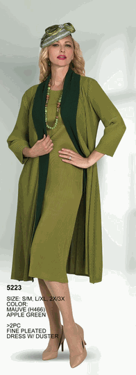 Lily & Taylor <br> (Volume 136) <br> LT5223 <br> <br> MAUVE <br>  APPLE-GREEN <br> S/M   L/XL   2X/3X<BR><BR>2Pc Fine Pleated Dress w/Duster