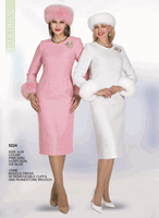 Lily & Taylor <br> (Volume 136) <br> LT5224 <br> <br> PINK <br>  IVORY <br>  ICE-BLUE <br> 4 6 8 10 12 14 16 18 20 22 24<BR><BR>Fine Boucle Dress w/Removeable Cuffs And Rhinestone Brooch