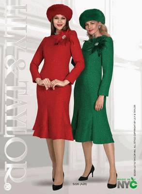 Lily & Taylor <br> (Volume 136) <br> LT5226 <br> <br> RED <br>  IVORY <br>  BLACK <br>  EMERALD <br> 4 6 8 10 12 14 16 18 20 22 24<BR><BR>Fine Tweed Dress w/A Feather Rhinestone Brooch