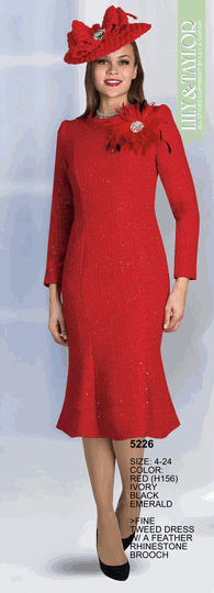 Lily & Taylor <br> (Volume 136) <br> LT5226 <br> <br> RED <br>  IVORY <br>  BLACK <br>  EMERALD <br> 4 6 8 10 12 14 16 18 20 22 24<BR><BR>Fine Tweed Dress w/A Feather Rhinestone Brooch