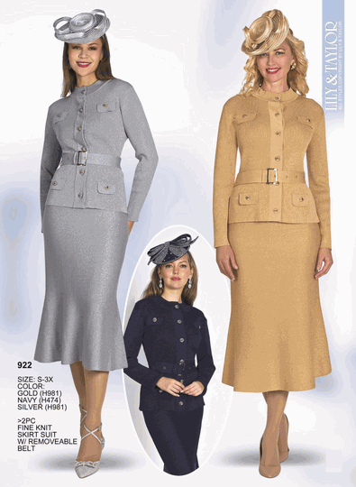 Lily & Taylor <br> (Volume 136) <br> LT922 <br> <br> GOLD <br>  NAVY <br>  SILVER <br> S M L XL 1x 2x 3x<BR><BR>2Pc Fine Knit Skirt Suit w/Removeable Belt