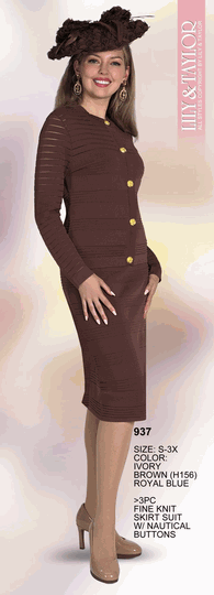 Lily & Taylor <br> (Volume 136) <br> LT937 <br> <br> IVORY <br>  BROWN <br>  ROYAL-BLUE <br> S M L XL 1x 2x 3x<BR><BR>3Pc Fine Knit Skirt Suit w/Nautical Buttons