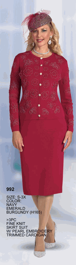 Lily & Taylor <br> (Volume 136) <br> LT992 <br> <br> NAVY <br>  EMERALD <br>  BURGUNDY <br> S M L XL 1x 2x 3x<BR><BR>3Pc Fine Knit Skirt Suit w/Pearl Embroidery Trimmed Cardigan