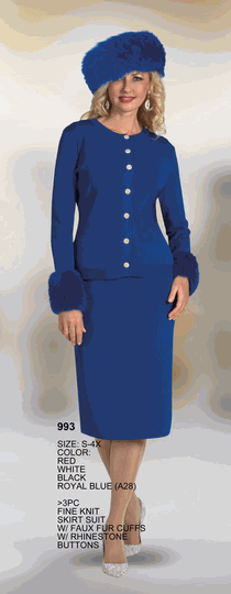 Lily & Taylor <br> (Volume 136) <br> LT993 <br> <br> RED <br>  WHITE <br>  BLACK <br>  ROYAL-BLUE <br> S M L XL 1x 2x 3x 4x<BR><BR>3Pc Fine Knit Skirt Suit w/Faux Fur Cuffs w/Rhinestone Buttons