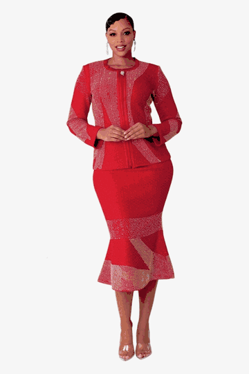 Liorah <br> (2025) <br> L7312 <br> <br> Red <br> 6 8 10 12 14 16 18 20 22<BR><BR>Exclusive Knit Crystal Wave Skirt Suit, Rhinestone-Studded Zip-up Jacket, Flared Tweed-Textured Skirt w/Sparkling Hem Trim