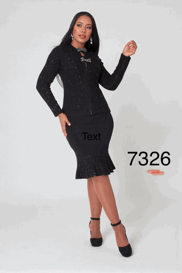Liorah <br> (2026) <br> L7326 <br> <br> Black <br> 8 10 12 14 16 18 20 22<BR><BR>Rhinestone Knit Jacket & Skirt Set