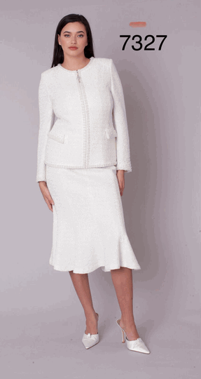 Liorah <br> (2026) <br> L7327 <br> <br> White <br> 8 10 12 14 16 18 20 22<BR><BR>Pearl Trim Tweed Skirt Suit w/Tailored Jacket & Flared Skirt