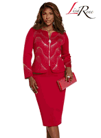 Lisa Rene <br> (Spring/Summer 2026) <br> LR214YJ <br> <br> RED <br> S M L XL 1x 2x 3x<br> <br> 2pc. Jacket & Skirt Set <br> Poly/Spandex Fabric Trimmed With A Beautiful Rhinestone Pattern Design