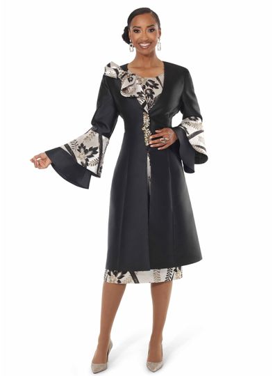 Lisa Rene <br> (Fall 2025) <br> LR229YJ <br> <br> Black/Multi  <br> 8 10 12 14 16 18 16w 18w 20w 22w 24w 26w<br> <br> 2pc. Dress & Jacket set <br> Novelty Brocade Fabric With Virtual Silk Fabric, Trimmed With Large Stones on Front Closure And Shoulder