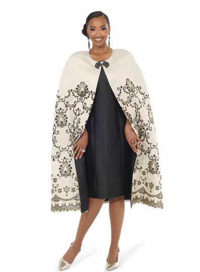 Lisa Rene <br> (Fall 2025) <br> LR240729 <br> <br> Champagne  <br> 8 10 12 14 16 18 16w 18w 20w 22w 24w 26w<br> <br> 2pc. Cape & Dress set <br> Novelty Fabric With A Beautiful Embroidery Design on Front & Back With A Stunning Buckle Closure