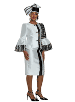 Lisa Rene <br> (Fall 2025) <br> LR66351 <br> <br> WHITE/BLACK <br> 8 10 12 14 16 18 16w 18w 20w 22w 24w 26w<br> <br> 2pc. Jacket & Skirt Set <br> Virtual Silk Fabric Trimmed With Silver, Black & Grey Sequins, With Rhinestone Buttons