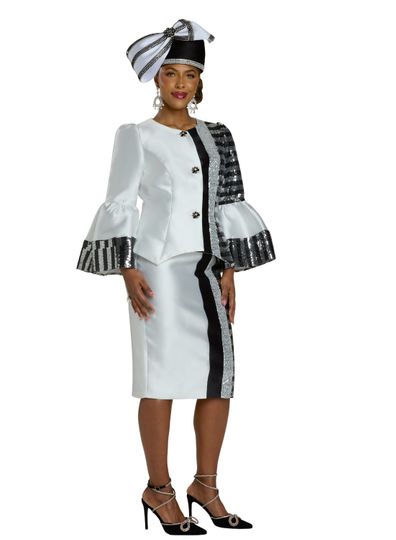 Lisa Rene <br> (Fall 2025) <br> LR66351 <br> <br> WHITE/BLACK <br> 8 10 12 14 16 18 16w 18w 20w 22w 24w 26w<br> <br> 2pc. Jacket & Skirt Set <br> Virtual Silk Fabric Trimmed With Silver, Black & Grey Sequins, With Rhinestone Buttons