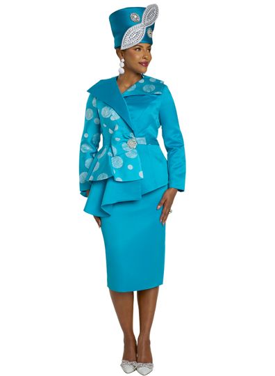 Lisa Rene <br> (Fall 2025) <br> LR66379 <br> <br> PEACOCK/WHITE <br> 8 10 12 14 16 18 16w 18w 20w 22w 24w 26w<br> <br> 2pc. Jacket & Skirt Set <br> Virtual Silk Fabrics  Trimmed With Silver, Black & Grey Sequins, With Rhinestone & Pearl Closure