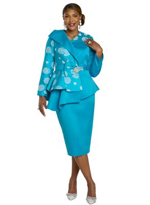 Lisa Rene <br> (Fall 2025) <br> LR66379 <br> <br> PEACOCK/WHITE <br> 8 10 12 14 16 18 16w 18w 20w 22w 24w 26w<br> <br> 2pc. Jacket & Skirt Set <br> Virtual Silk Fabrics  Trimmed With Silver, Black & Grey Sequins, With Rhinestone & Pearl Closure