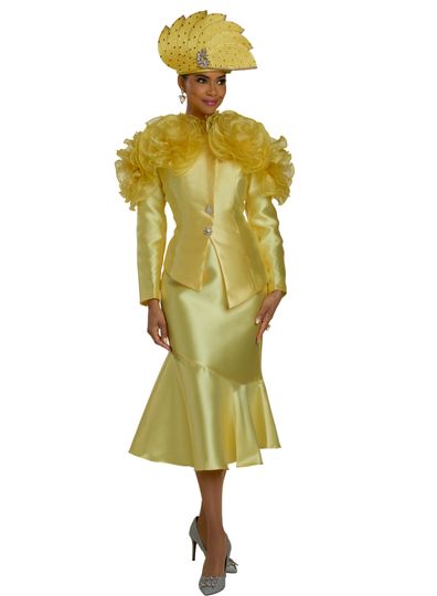 Lisa Rene <br> (Fall 2025) <br> LR66395 <br> <br> YELLOW <br> 8 10 12 14 16 18 16w 18w 20w 22w 24w 26w<br> <br> 2pc. Jacket & Skirt Set <br> Virtual Silk Fabrics Designed With Hand Made Organza Flowers & Rhinestone Buttons