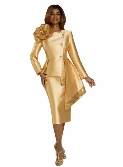 Lisa Rene <br> (Fall 2025) <br> LR66972 <br> <br> Gold <br> 8 10 12 14 16 18 16w 18w 20w 22w 24w 26w<br> <br> 2pc. Jacket & Skirt Set <br> Virtual Silk Fabric Trimmed With Novelty Sequins With A Beautiful Corsage And Metallic Gold Buttons With Rhinestones