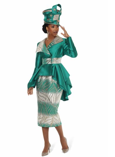Lisa Rene <br> (Fall 2025) <br> LR66980 <br> <br> Green/Multi  <br> 8 10 12 14 16 18 16w 18w 20w 22w 24w 26w<br> <br> 2pc. Jacket & Skirt Set <br> Novelty Brocade Fabric With Virtual Silk Fabric