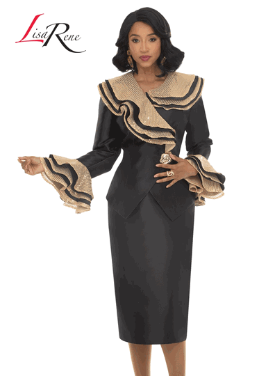 Lisa Rene <br> (Fall/Holiday 2026) <br> LR3381-BL <br> <br> BLACK/GOLD <br> 10 12 14 16 18 20 22 24 26<br> <br> 2pc. Jacket & Skirt Set <br> Virtual Silk Look Fabric With Sequins Novelty Fabric