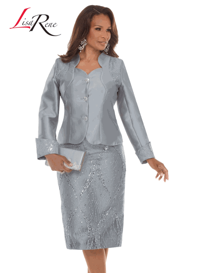 Lisa Rene <br> (Fall/Holiday 2026) <br> LR3394 <br> <br> SILVER <br> 10 12 14 16 18 20 22 24 26<br> <br> 2pc. Jacket & Skirt Set <br> Virtual Silk Look Fabric With Sequin Novelty Fabric & Rhinestone Buttons