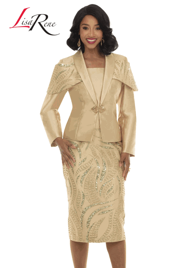 Lisa Rene <br> (Fall/Holiday 2026) <br> LR3395 <br> <br> CHAMPAGNE <br> 8 10 12 14 16 18 20 22<br> <br> 2pc. Jacket & Skirt Set <br> Virtual Silk Look Fabric With Sequin Novelty Fabric & Rhinestone Buckle