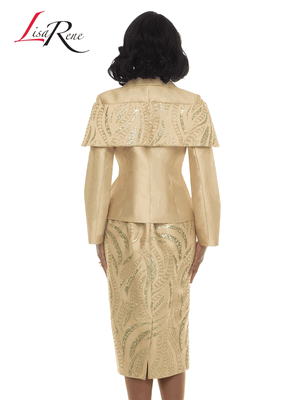 Lisa Rene <br> (Fall/Holiday 2026) <br> LR3395 <br> <br> CHAMPAGNE <br> 8 10 12 14 16 18 20 22<br> <br> 2pc. Jacket & Skirt Set <br> Virtual Silk Look Fabric With Sequin Novelty Fabric & Rhinestone Buckle