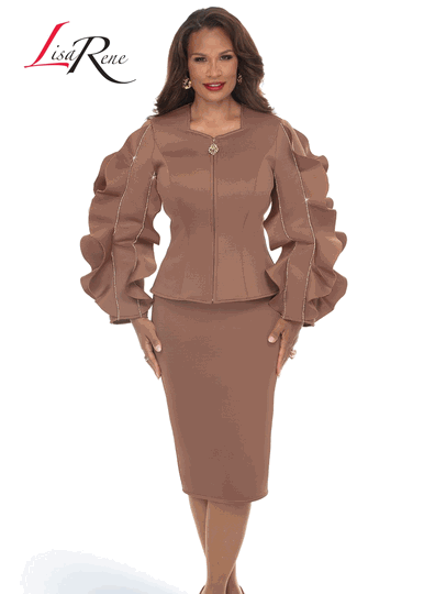 Lisa Rene <br> (Fall/Holiday 2026) <br> LR3396-CO <br> <br> COFFEE <br> 6 8 10 12 14 16 18 20<br> <br> 2pc. Jacket & Skirt Set <br> Poly/Spandex Fabric With Gold & Silver Trims