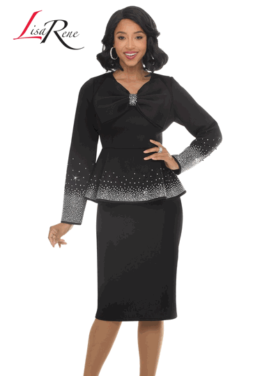 Lisa Rene <br> (Fall/Holiday 2026) <br> LR3397-BL <br> <br> BLACK <br> 6 8 10 12 14 16 18 20<br> <br> 2pc. Jacket & Skirt Set <br> Poly/Spandex Fabric With Rhinestone Trims