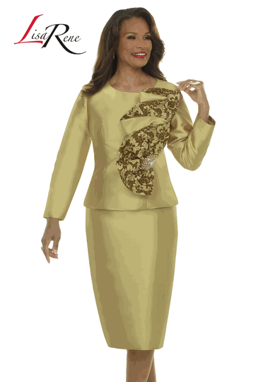 Lisa Rene <br> (Fall/Holiday 2026) <br> LR3398-MU <br> <br> MUSTARD <br> 8 10 12 14 16 18 20 22<br> <br> 2pc. Jacket & Skirt Set <br> Virtual Silk Look Fabric Trimmed With Embroidery Fabric & Rhinestone Trim