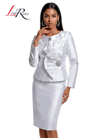 Lisa Rene <br> (Fall/Holiday 2026) <br> LR3398-PU <br> <br> PURE-WHITE <br> 8 10 12 14 16 18 20 22<br> <br> 2pc. Jacket & Skirt Set <br> Virtual Silk Look Fabric Trimmed With Embroidery Fabric & Rhinestone Trim