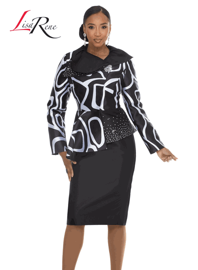 Lisa Rene <br> (Fall/Holiday 2026) <br> LR3400 <br> <br> BLACK/WHITE <br> 10 12 14 16 18 20 22 24 26<br> <br> 2pc. Jacket & Skirt Set <br> Virtual Silk Look Fabric Trimmed With Rhinestones